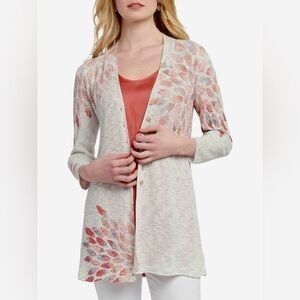 Nic + Zoe Cardigan Size XS Cream Grey & Coral Print Duster Button Closure New